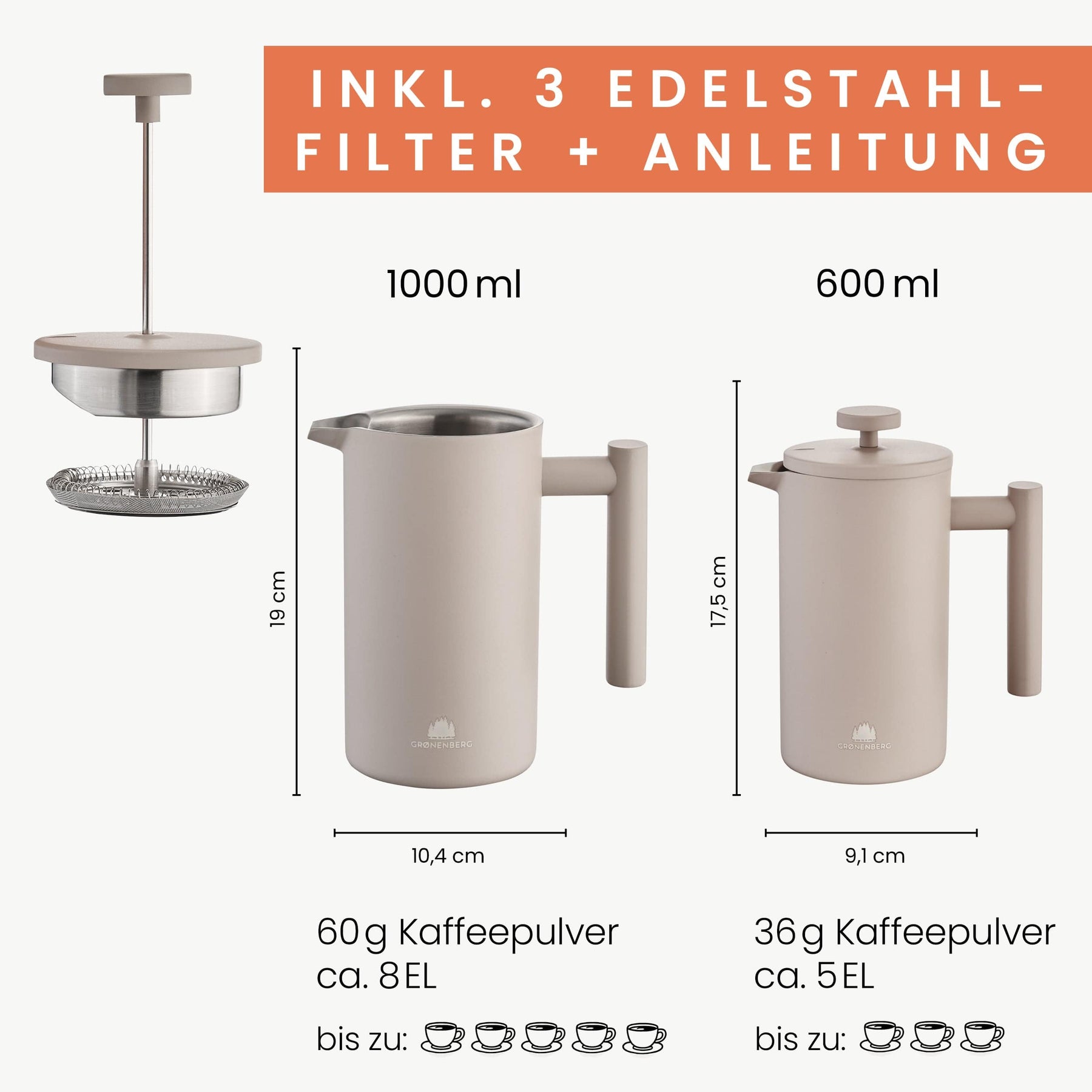 Edelstahl French Press Earth 0,6 oder 1 Liter inkl. Ersatz-Filter