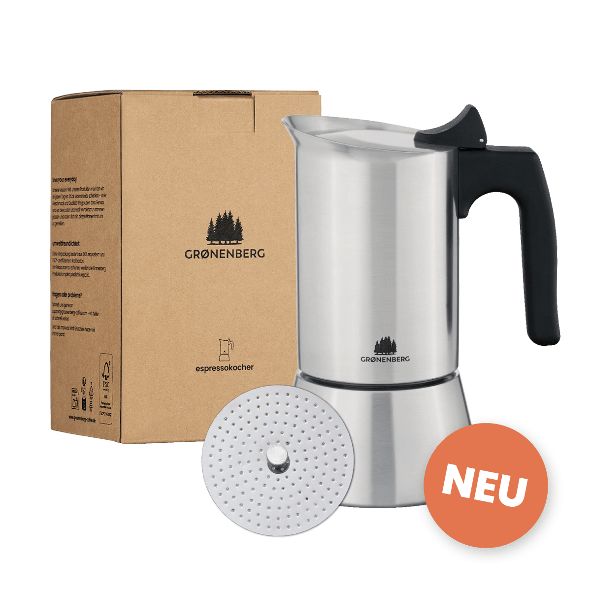 Espressokocher Induktion 4 oder 6 Tassen (200-300 ml) + Reduziersieb | Edelstahl