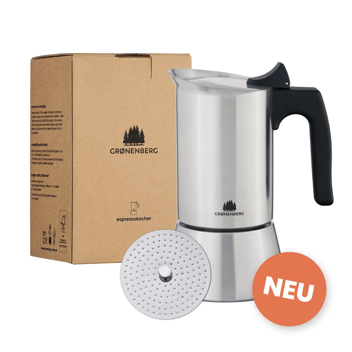 Espressokocher Induktion 4 oder 6 Tassen (200-300ml) + Reduziersieb | Mokkakanne Edelstahl