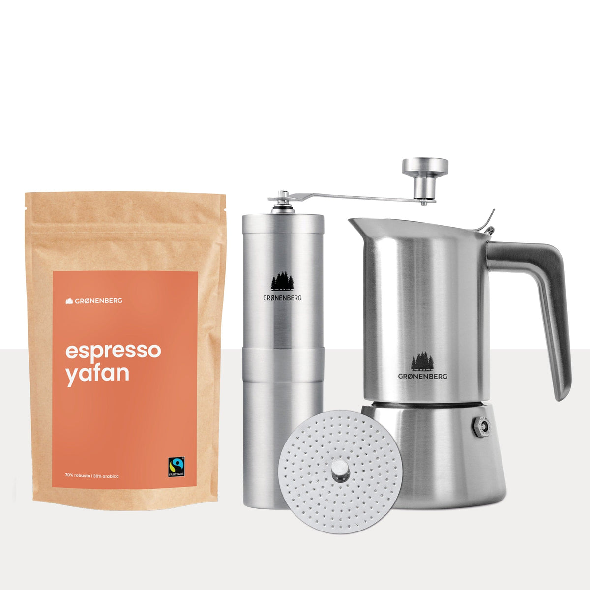 Spar Set #4: Espressobohnen (250g) + Kaffeemühle + Espressokocher inkl. Redurziersieb