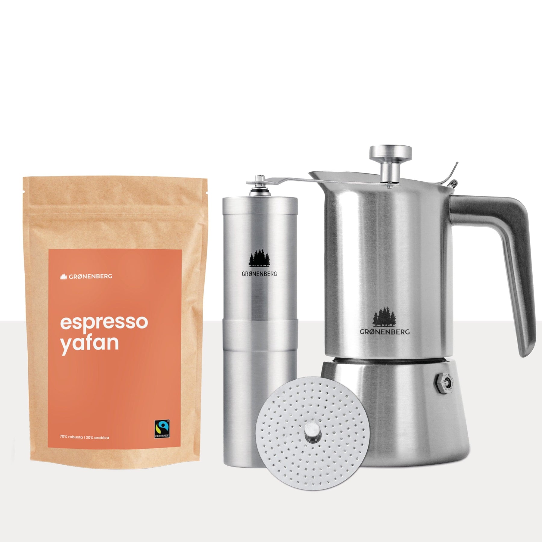 Spar Set #4: Espressobohnen (250g) + Kaffeemühle + Espressokocher inkl. Redurziersieb