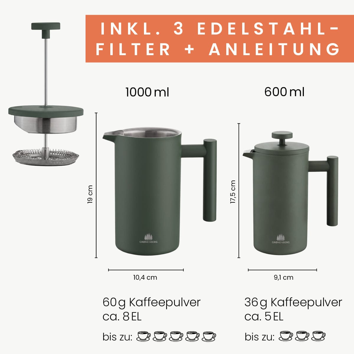 Edelstahl French Press Forest 0,6 oder 1 Liter inkl. Ersatz-Filter