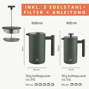 Edelstahl French Press Forest 0,6 oder 1 Liter inkl. Ersatz-Filter
