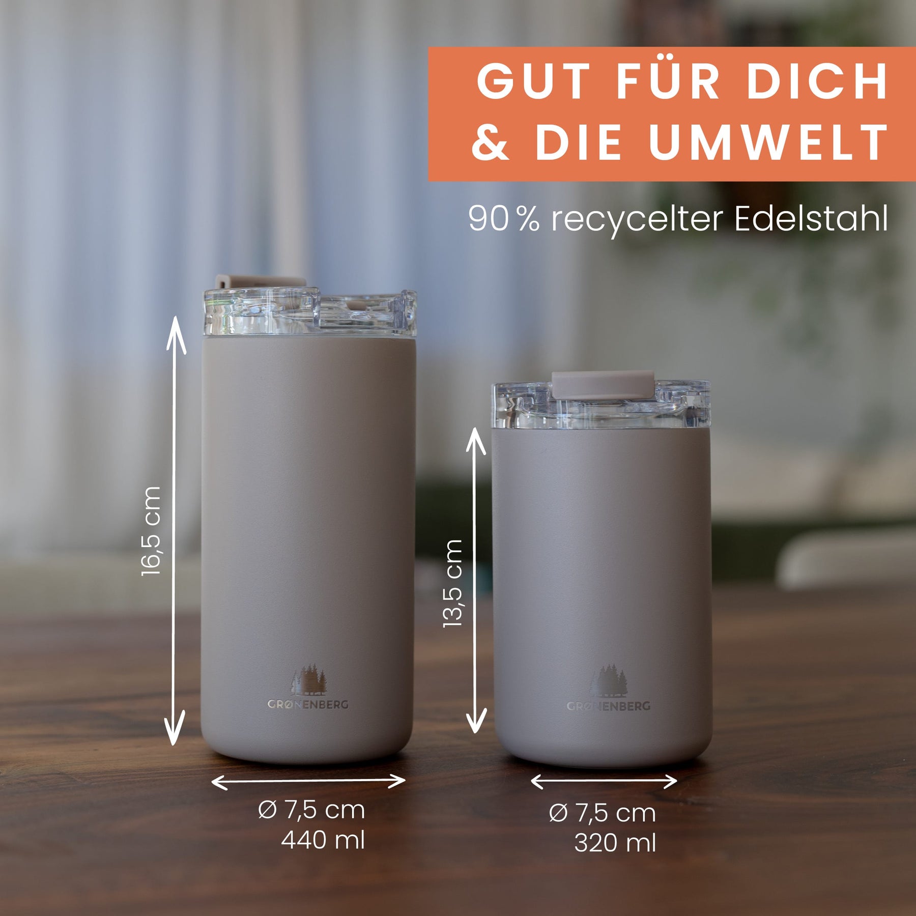 Thermobecher 320 oder 440ml | Kaffeebecher to go aus recyceltem Edelstahl | 100% Auslaufsicher