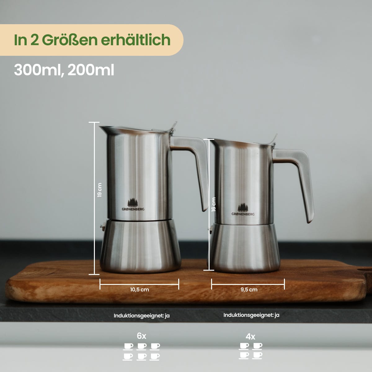 Espressokocher Edelstahl 4 oder 6 Tassen (200-300ml) | Induktion
