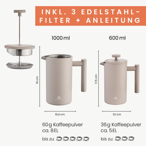 Edelstahl French Press Earth 0,6 oder 1 Liter inkl. Ersatz-Filter