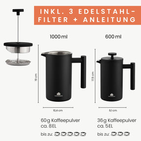 Edelstahl French Press Black 0,6 oder 1 Liter inkl. Ersatz-Filter