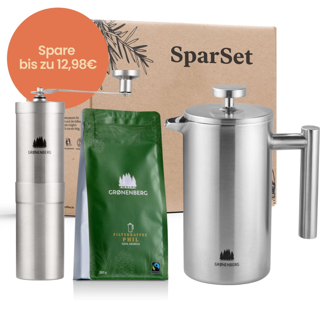 Spar Set 3: Bio Kaffeebohnen (250g) + Kaffeemühle + French Press