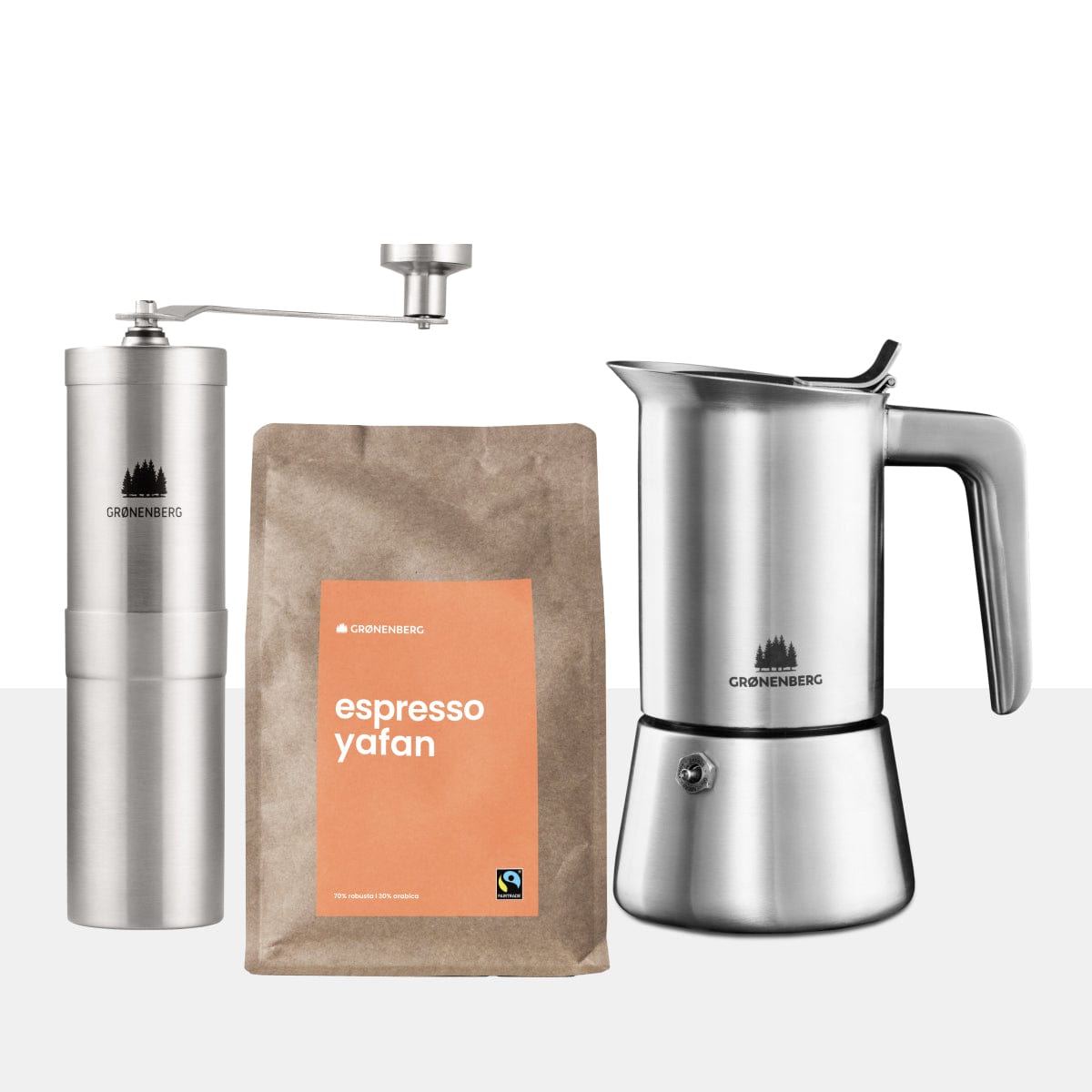 Spar Set #2: Espressobohnen (250g) + Kaffeemühle + Espressokocher