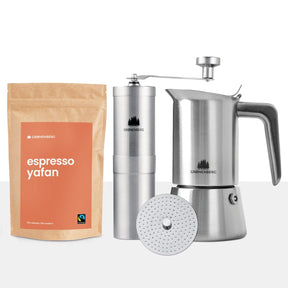 Spar Set #4: Espressobohnen (250g) + Kaffeemühle + Espressokocher inkl. Redurziersieb