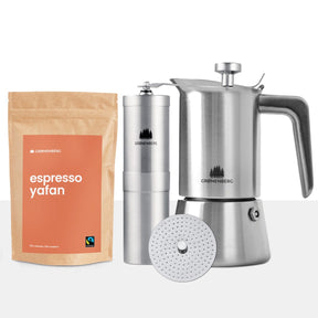 Spar Set #4: Espressobohnen (250g) + Kaffeemühle + Espressokocher inkl. Redurziersieb