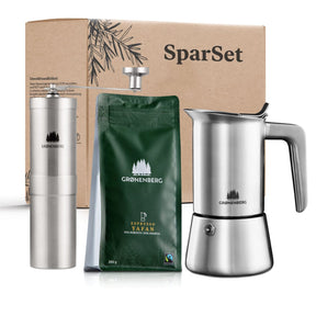 Spar Set 4: Espressobohnen (250g) + Kaffeemühle + Espressokocher