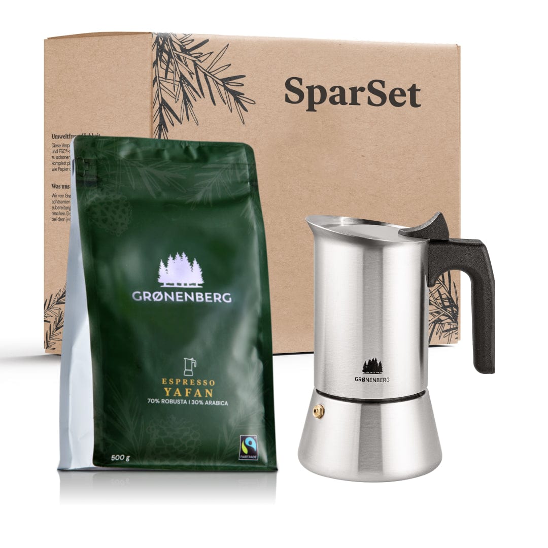 Spar Set 2: Bio Espresso (Bohnen/Pulver) + Espressokocher (3 Größen)