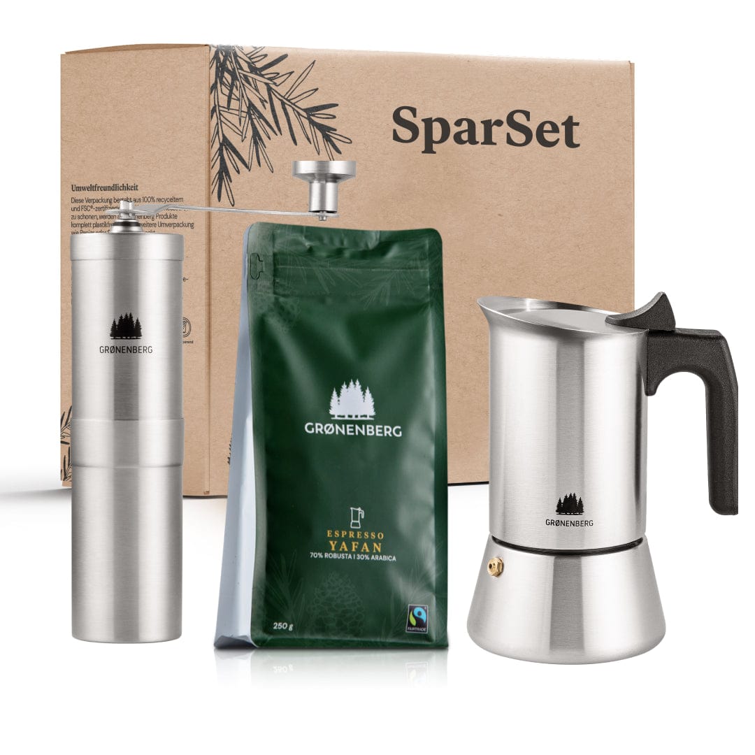 Spar Set 4: Espressobohnen (250g) + Kaffeemühle + Espressokocher